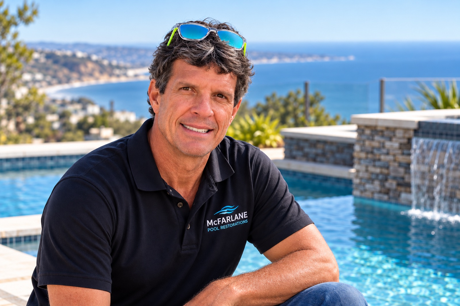 Roby McFarlane beside a swimming pool